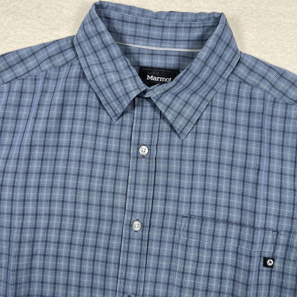 Marmot Shirt‎ Mens Medium Blue Plaid Short Sleeve Button Front Hiking Casual